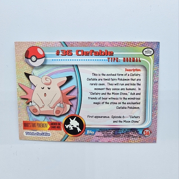 Pokemon 1999 TOPPS Clefable #36 Blue Logo TV Animation Edition Card - Picture 4 of 4